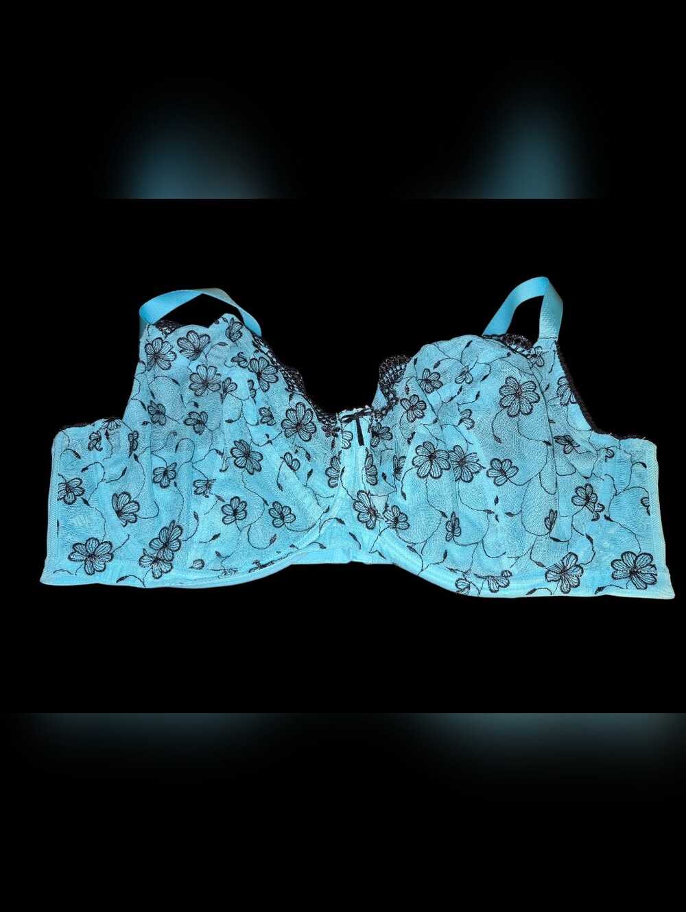 Cacique Aqua Lace Underwire Bra with Black Floral Embroidery Size 46DDD